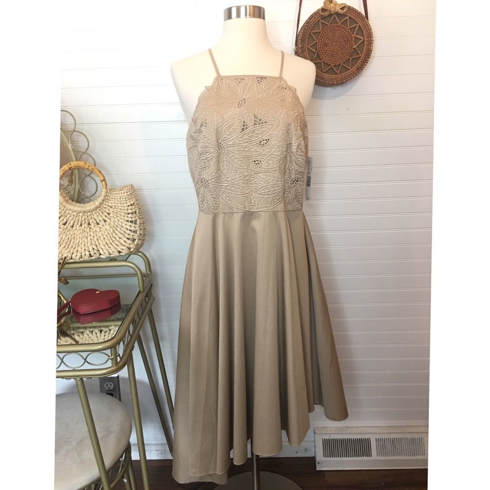 Antonio Melani Floral Embroidered Bette Khaki Asymmetrical Dress NWT